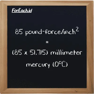 How to convert pound-force/inch<sup>2</sup> to millimeter mercury (0<sup>o</sup>C): 85 pound-force/inch<sup>2</sup> (lbf/in<sup>2</sup>) is equivalent to 85 times 51.715 millimeter mercury (0<sup>o</sup>C) (mmHg)